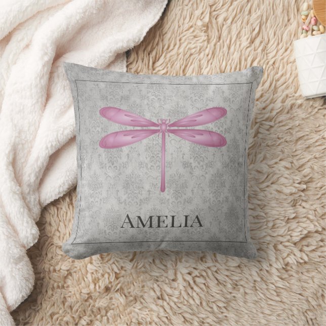 Magenta Dragonfly Damask Throw Kissen (Decke)