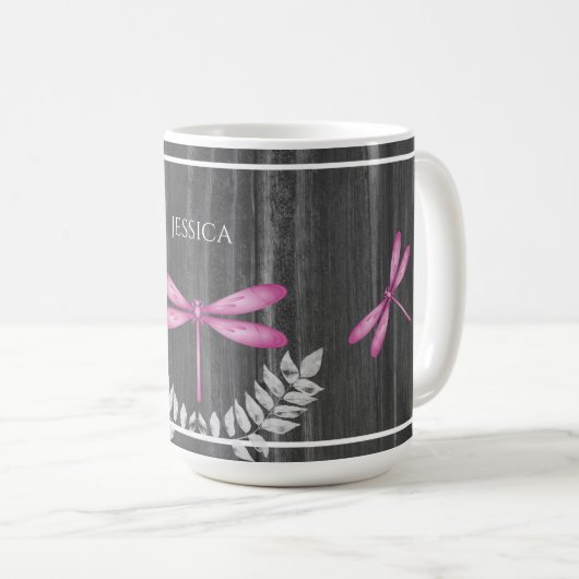 Magenta Dragonfly Rustic Personalisiert Coffee Tas Kaffeetasse (VorderseiteRechts)