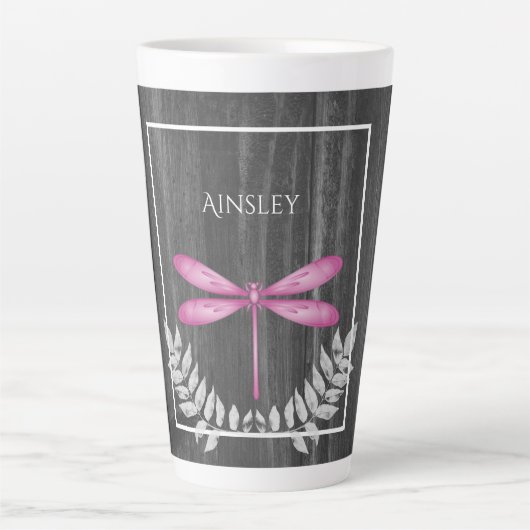 Magenta Dragonfly Rustikale Personalisierte Latte Milchtasse (Vorderseite)