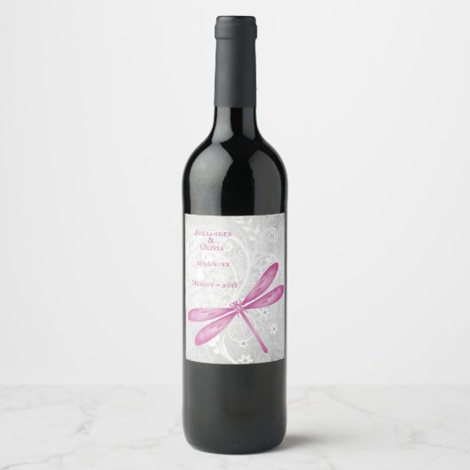 Magenta Dragonfly Wedding Wine Label Weinetikett (Vorderseite)
