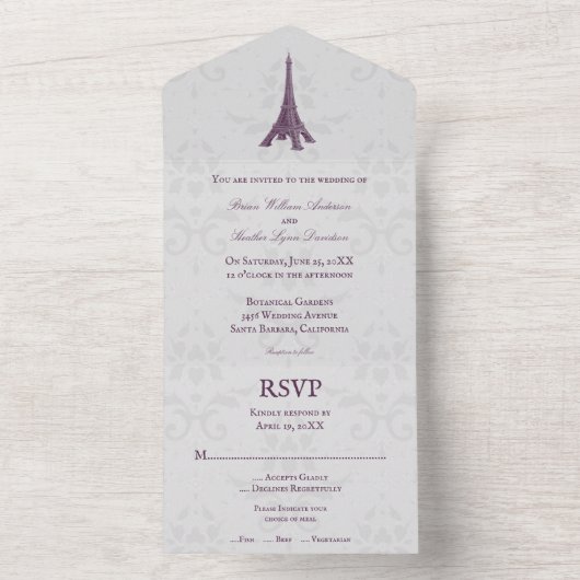 Magenta Eiffel Tower Damask All in one Wedding All In One Einladung (Innen Boden)