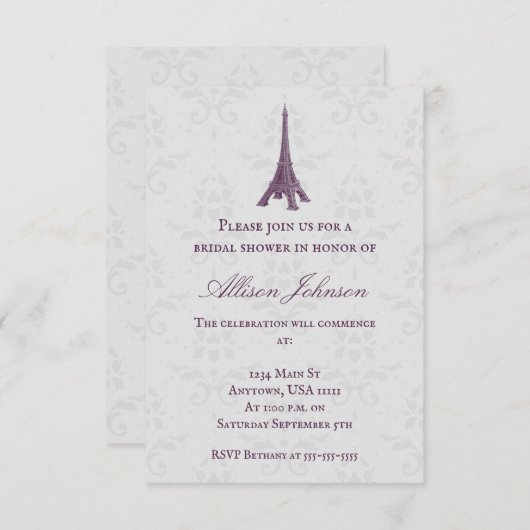Magenta Eiffel Tower Damask Brautparty Einladung (Vorne/Hinten)