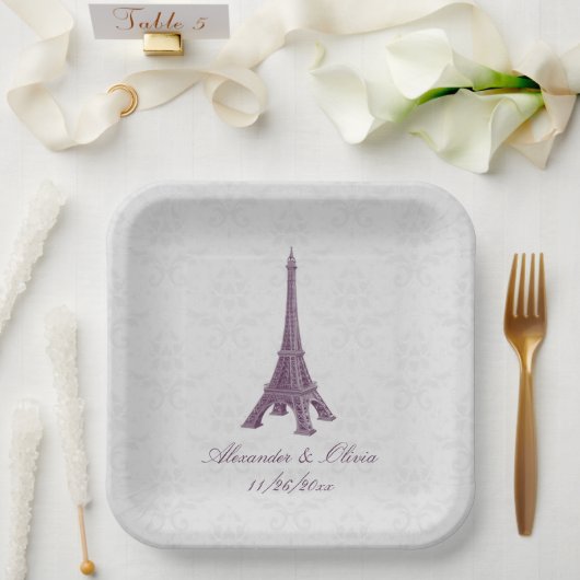 Magenta Eiffel Tower Damask Hochzeitsdusche Pappteller (Hochzeit)