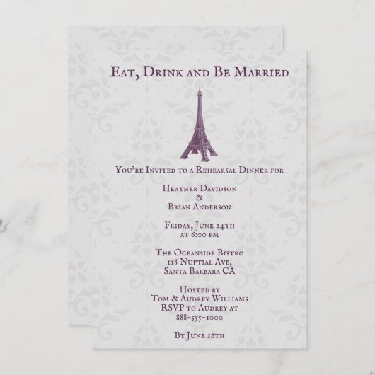 Magenta Eiffel Tower Damask Probe Dinner Einladung (Vorne/Hinten)