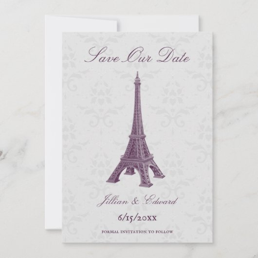Magenta Eiffel Tower Damask Save the Date Ankündigung (Vorderseite)