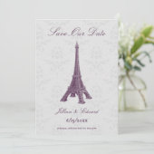 Magenta Eiffel Tower Damask Save the Date Ankündigung (Stehend Vorderseite)