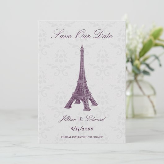 Magenta Eiffel Tower Damask Save the Date Ankündigung (Stehend Vorderseite)