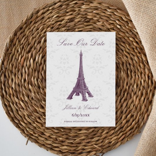 Magenta Eiffel Tower Damask Save the Date Ankündigung