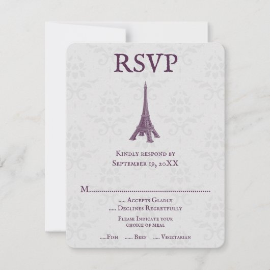 Magenta Eiffel Tower Damask Wedding RSVP Card Karte (Vorderseite)