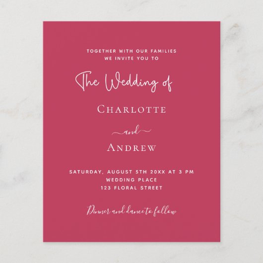 Magenta elegante Skript Budget Hochzeit Einladung (Vorderseite)
