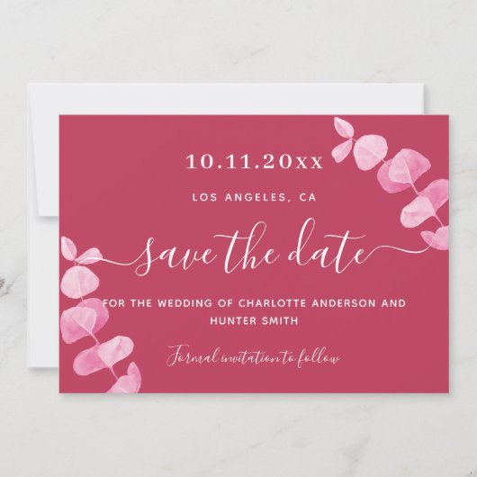 Magenta eucalyptus Hochzeit speichern Sie das Datu Save The Date (Vorderseite)