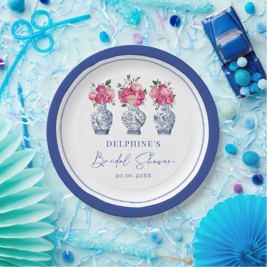 Magenta Flora Chinoiserie Porzellan Brautparty Pappteller (Party)