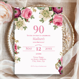 Magenta Floral 90. Geburtstag Einladung