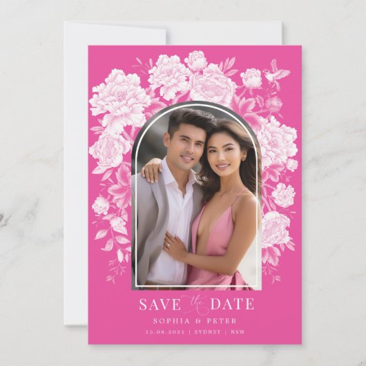 Magenta Floral Chinoiserie Hochzeit Sichern Datum Einladung (Vorderseite)