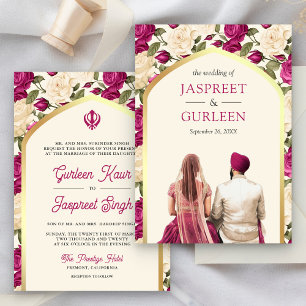 Magenta Floral Punjabi Anand Karaj Sikh Wedding Einladung