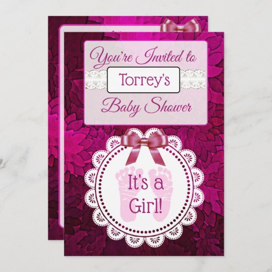 Magenta Footprints Mädchen's Baby Shower Einladung (Vorne/Hinten)
