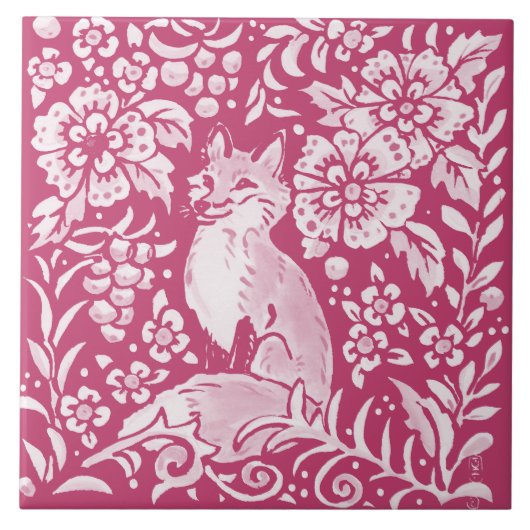 Magenta Fox Animal Nature Woodland Floral Fliese (Vorderseite)