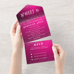 Magenta Fuchsia Glitter Funkeln Moderne Sweet 16 All In One Einladung