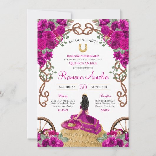 Magenta Fuchsia Pink Western Quinceañera Einladung (Vorderseite)