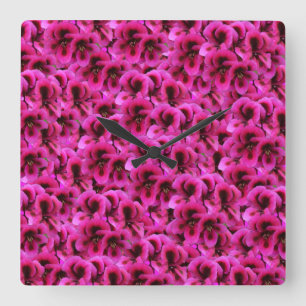 Magenta Geranium Flowers, Square Wall Clock Quadratische Wanduhr