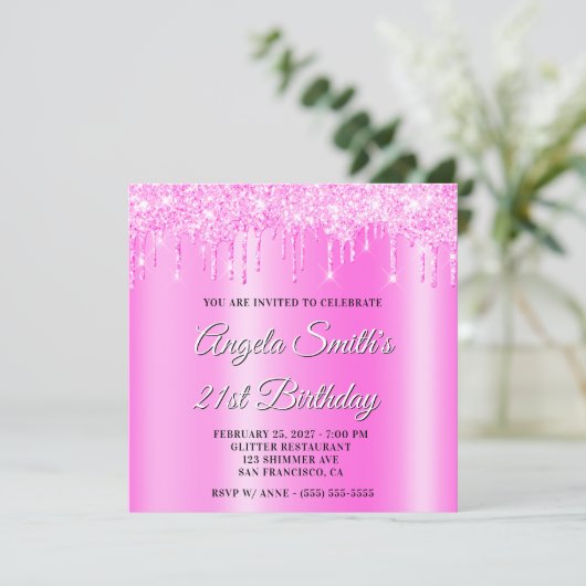 Magenta Glitter Drips Shimmer Ombre Drop Shadow Einladung (Stehend Vorderseite)