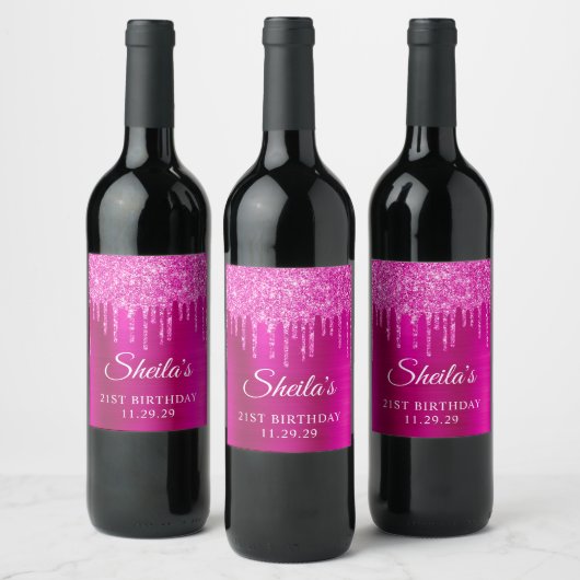 Magenta Glitzer Tropfens Hot Pink Glam 21. Geburts Weinetikett (Flaschen)