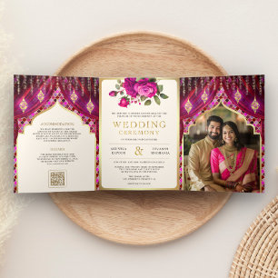 Magenta Gold Blumen Vorhang Indische Hindu-Hochzei Dreifach Gefaltete Einladung