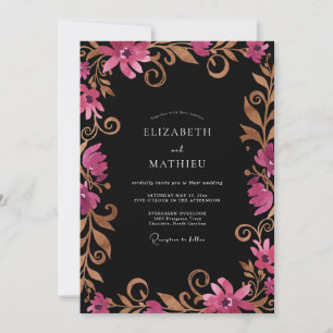Magenta Gold-Filigran-Eukalyptus-Hochzeit Einladung