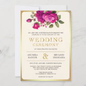 Magenta Gold Floral Indian Hindu Foto Wedding Einladung (Vorderseite)