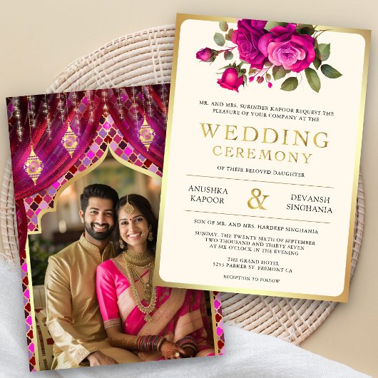 Magenta Gold Floral Indian Hindu Foto Wedding Einladung