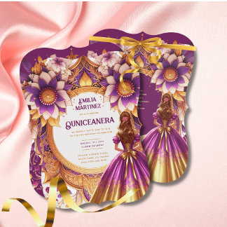 Magenta Gold Quinceñera Dress Prinzessin Sweet16 Einladung