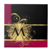 Magenta, Gold und schwarze Monogramm Fliese (Vorderseite)