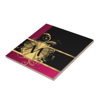 Magenta, Gold und schwarze Monogramm Fliese