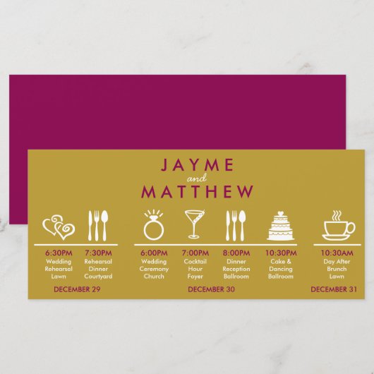 Magenta Gold Wedding Timeline Begrüßungszettel (Vorne/Hinten)