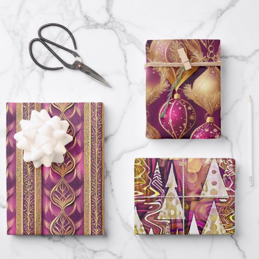 Magenta Gold Weihnachtsmuster #12#25#27 ID1009 Geschenkpapier Set (Vorderseite)