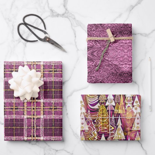 Magenta Gold Weihnachtsmuster #7#25#32 ID1009 Geschenkpapier Set (Vorderseite)