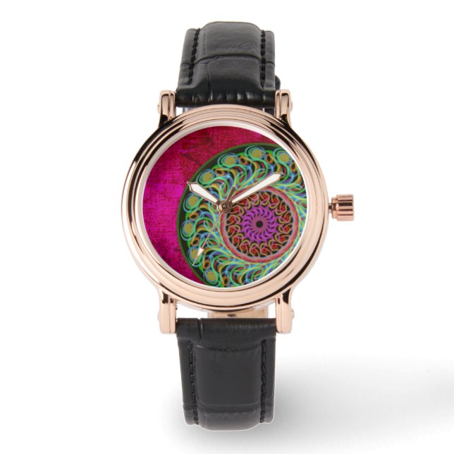 Magenta & Green Mandala Watch Armbanduhr (Vorderseite)