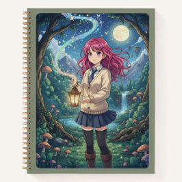 Magenta Hair Anime Girl & Enchanted Forest Lantern Notizblock