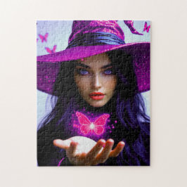 Magenta Halloween Magische Hexe mit Schmetterlinge Puzzle