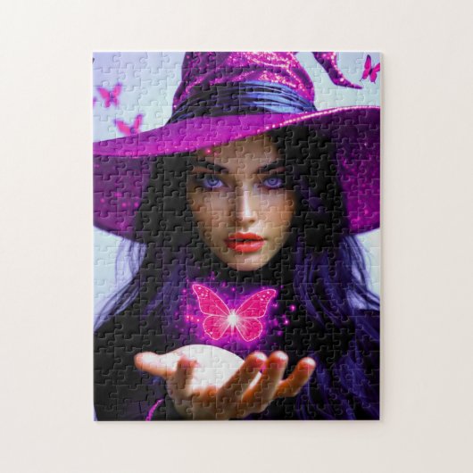 Magenta Halloween Magische Hexe mit Schmetterlinge Puzzle (Vertikal)