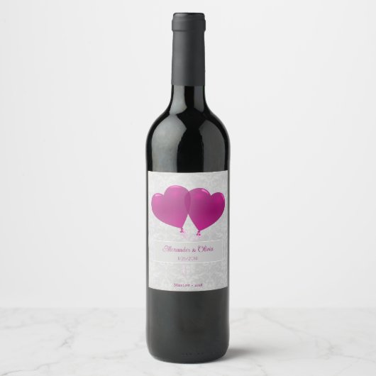 Magenta Heart Balloons Wedding Wine Label Weinetikett (Vorderseite)