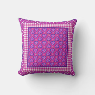Magenta Herzen und Blume, Karos und Polka Dots Kissen