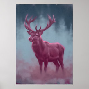 Magenta-Hirsch in blauer Wald-Maler-Kunst Poster