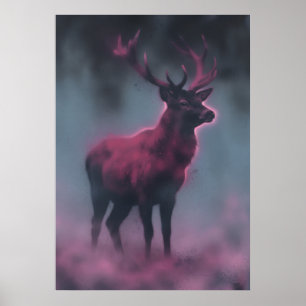 Magenta-Hirsch in nebliger, stimmungsvoller Wildli Poster