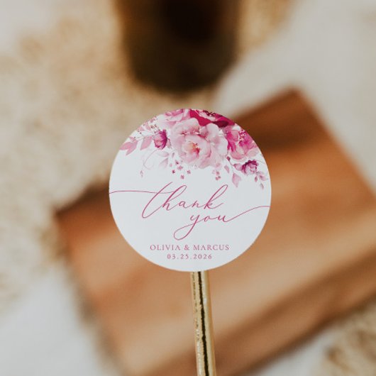 Magenta Hot Pink Floral Wedding Vielen Dank Runder Aufkleber