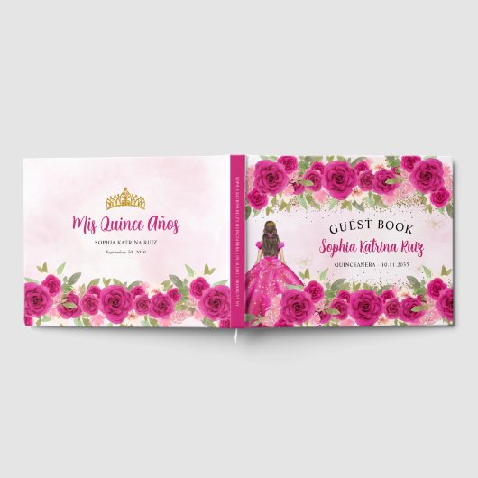 Magenta Hot Pink Gold Floral Prinzessin Quinceañer Gästebuch (Voll)
