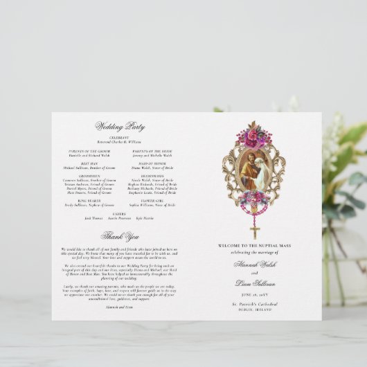 Magenta Katholic Wedding Mass Zeremonie Programm (Stehend Vorderseite)