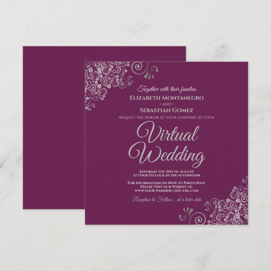 Magenta & Lacy Silver Elegantes Virtual Wedding Einladung (Vorne/Hinten)