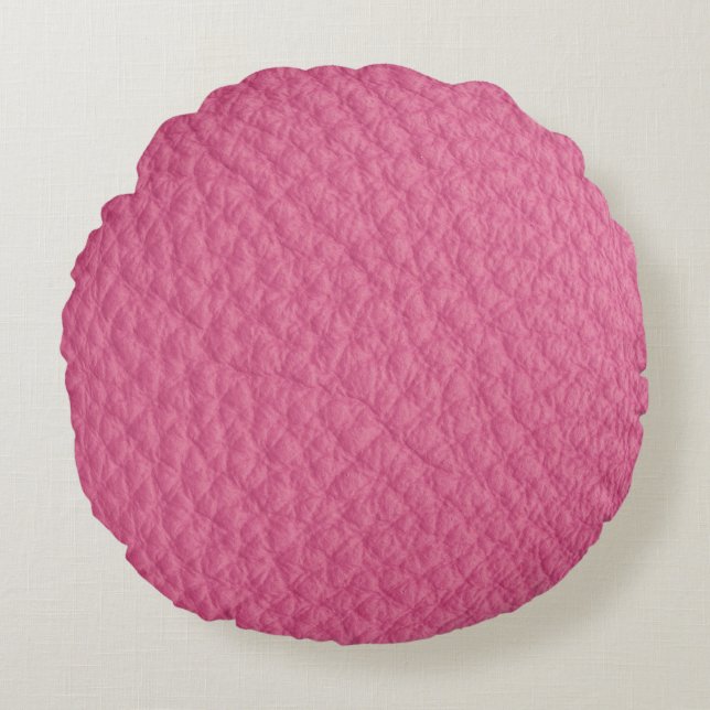 Magenta Leather Look Print Round Kissen (Vorderseite)