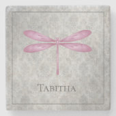 Magenta Libelle Damast Steinuntersetzer (Vorderseite)